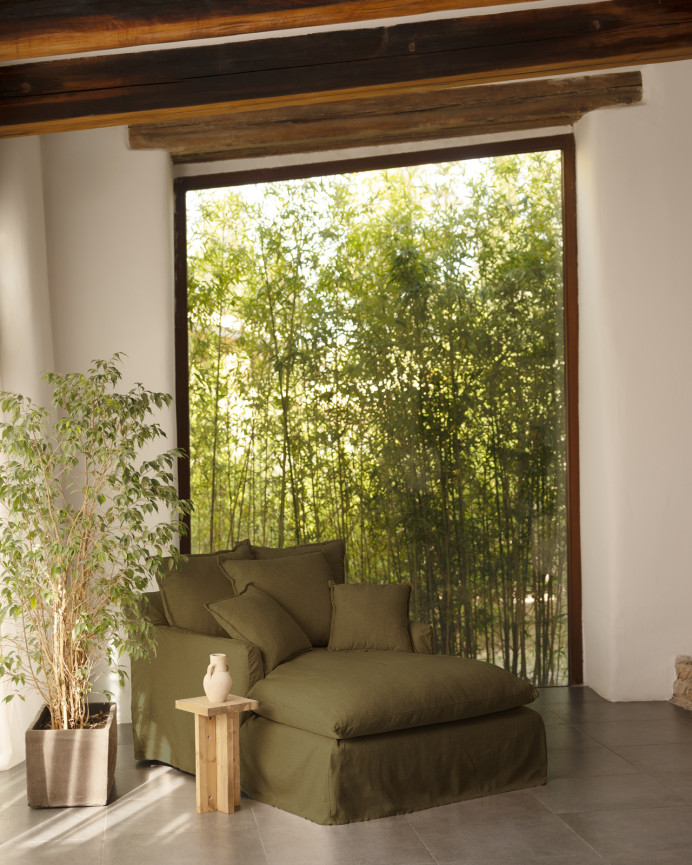 Green cotton and linen sofa cover measuring 115x170cm.