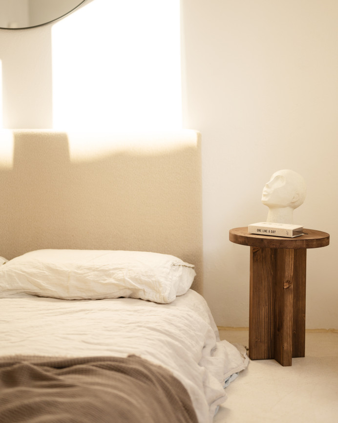Upholstered cotton headboard in beige color available in various sizes.