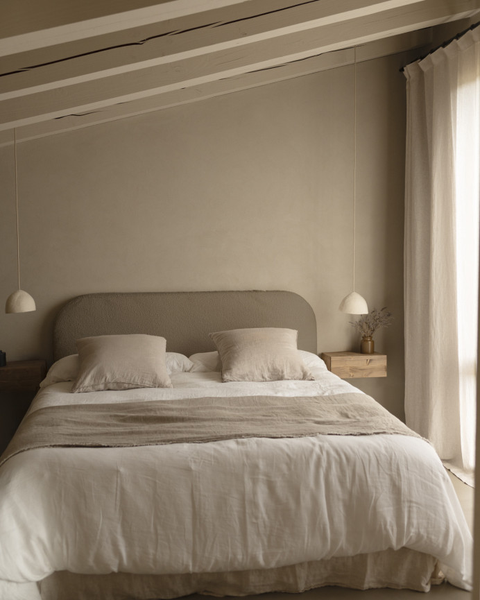 Brown bouclé headboard cover available in various sizes.