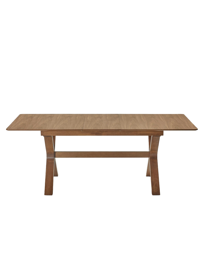 Extendable wooden dining table in dark oak tone, available in various sizes.