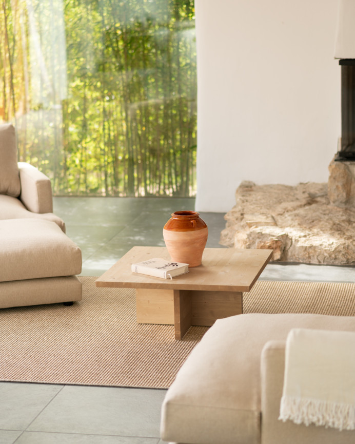 Solid wood square coffee table in medium oak tone measuring 80x80cm.