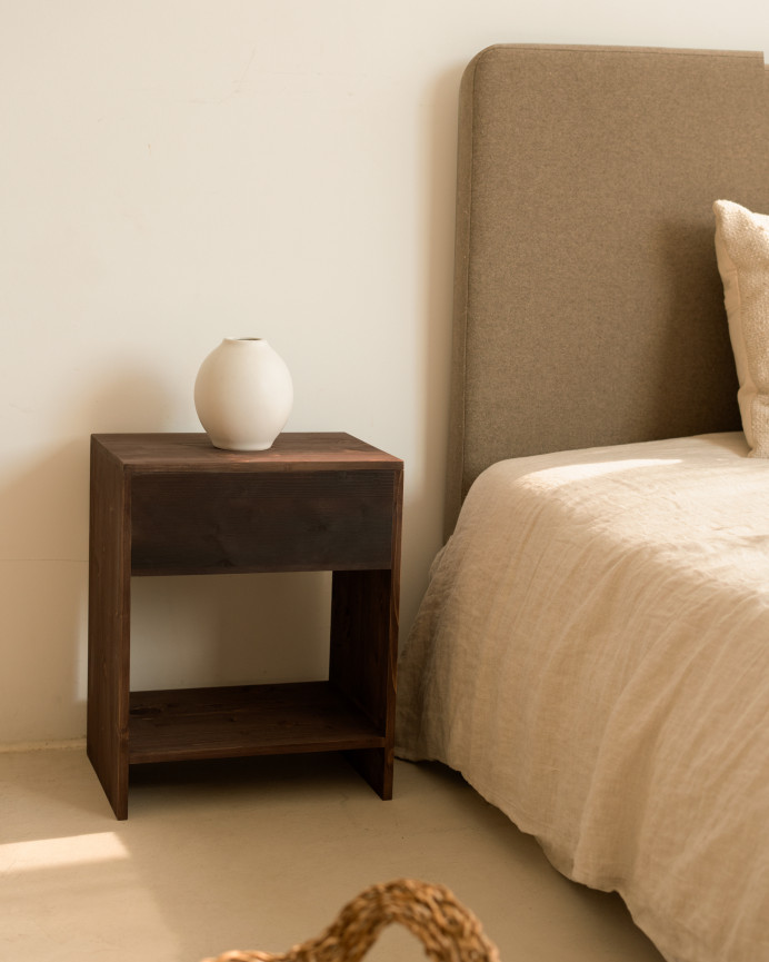 Set of 2 solid wood bedside tables with a walnut-toned drawer in various sizes.