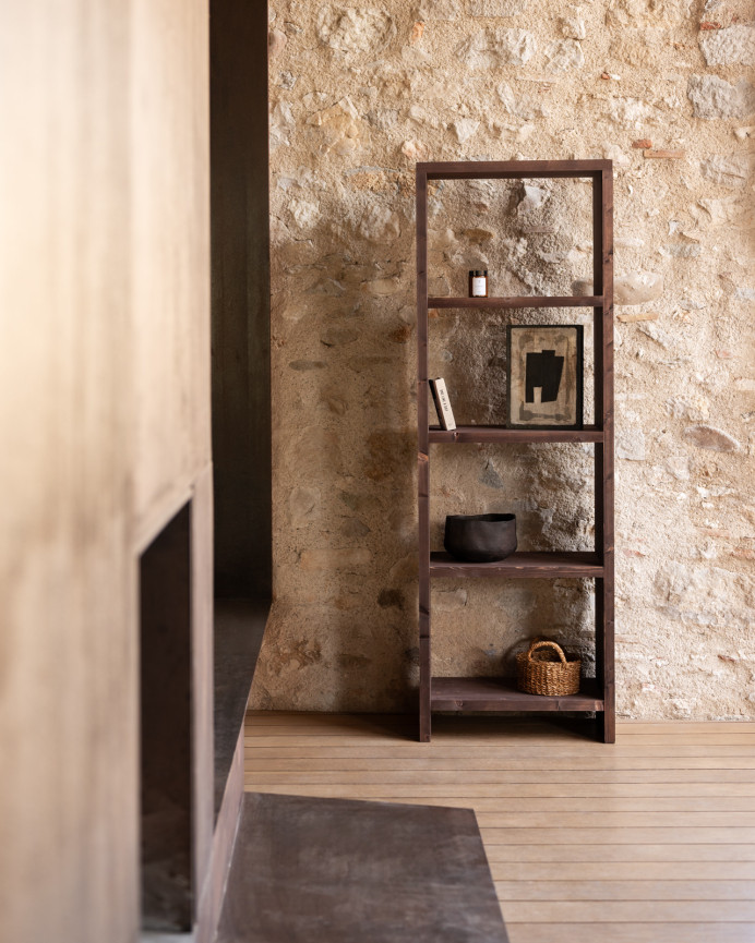 Solid walnut tone wooden shelf measuring 180x60cm