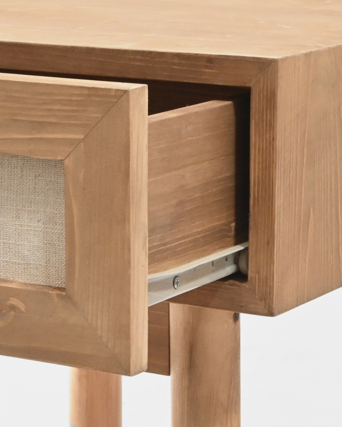 Pack of 2 solid wood nightstands with a dark oak tone and linen drawer, measuring 45x40cm.