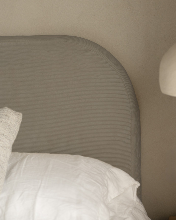 Upholstered headboard with removable cover in brown taupe corduroy fabric, available in various sizes.