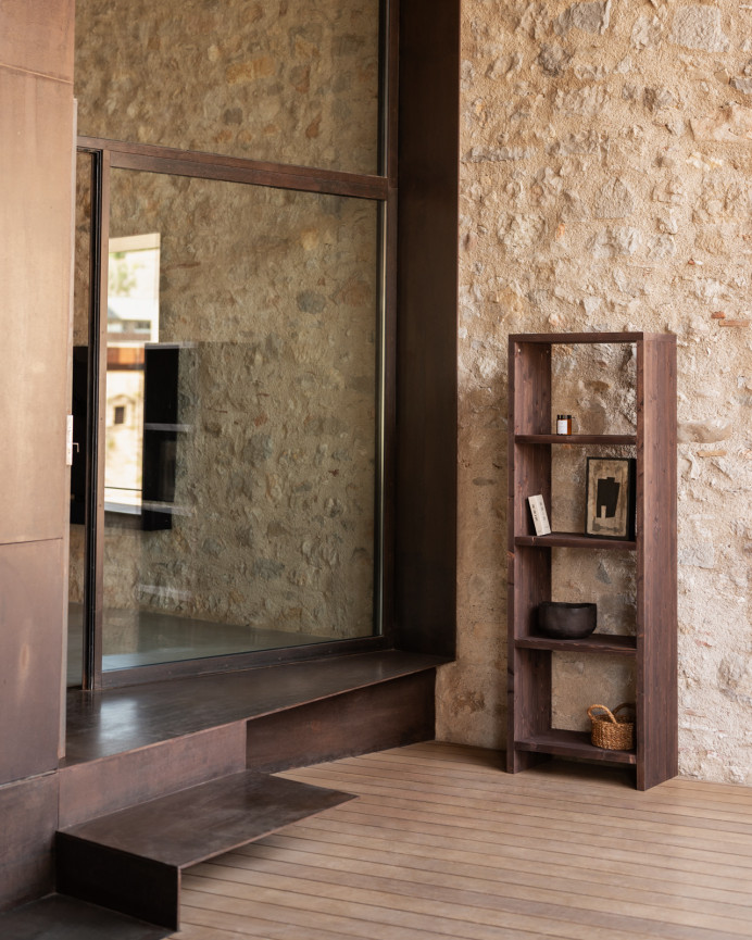 Solid walnut tone wooden shelf measuring 180x60cm