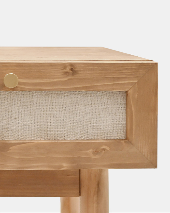 Pack of 2 solid wood nightstands with a dark oak tone and linen drawer, measuring 45x40cm.