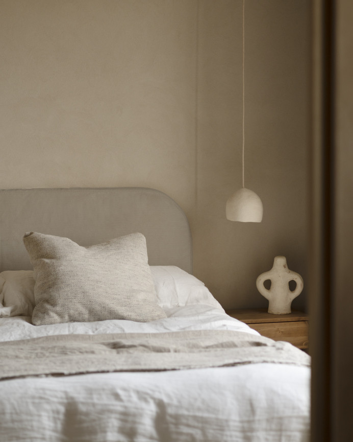 Upholstered headboard with removable cover in brown taupe corduroy fabric, available in various sizes.