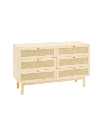 Solid wood and raffia dresser with six drawers in a natural tone measuring 76x120cm.