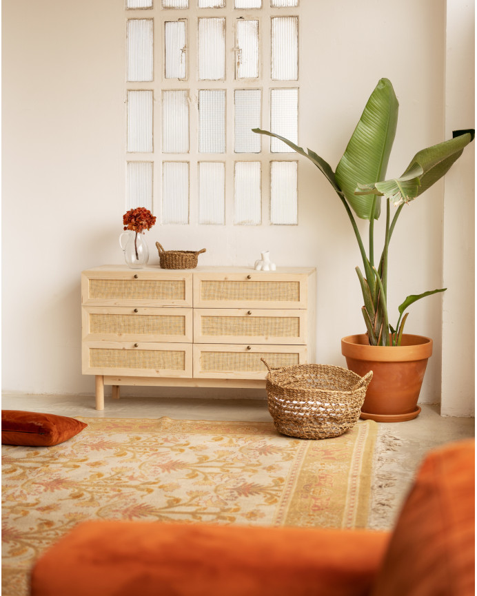 Solid wood and raffia dresser with six drawers in a natural tone measuring 76x120cm.