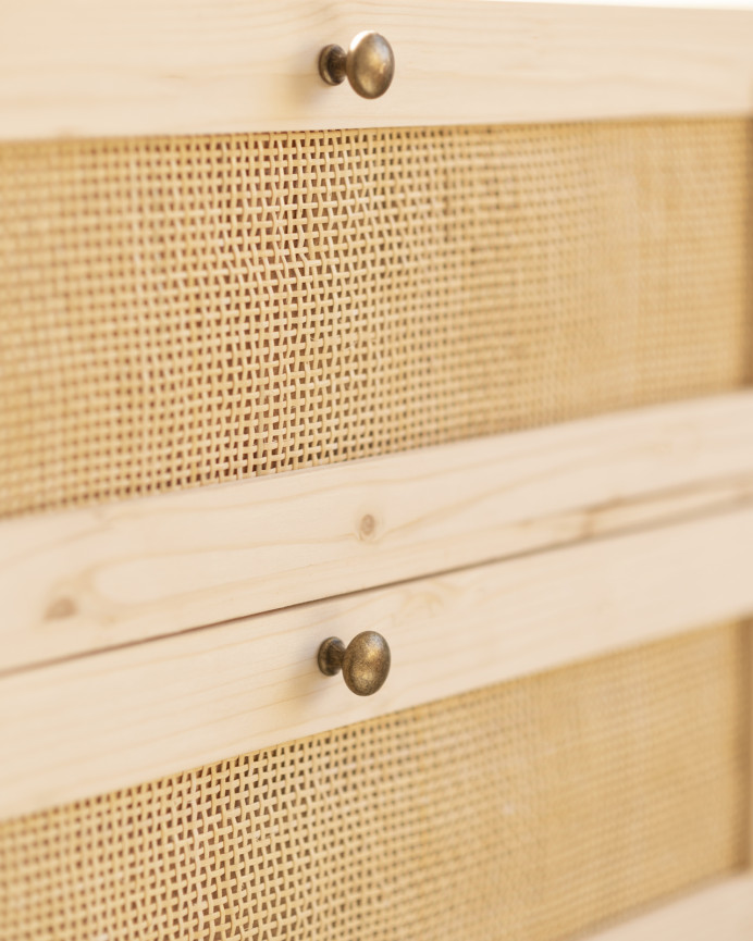 Solid wood and raffia dresser with six drawers in a natural tone measuring 76x120cm.