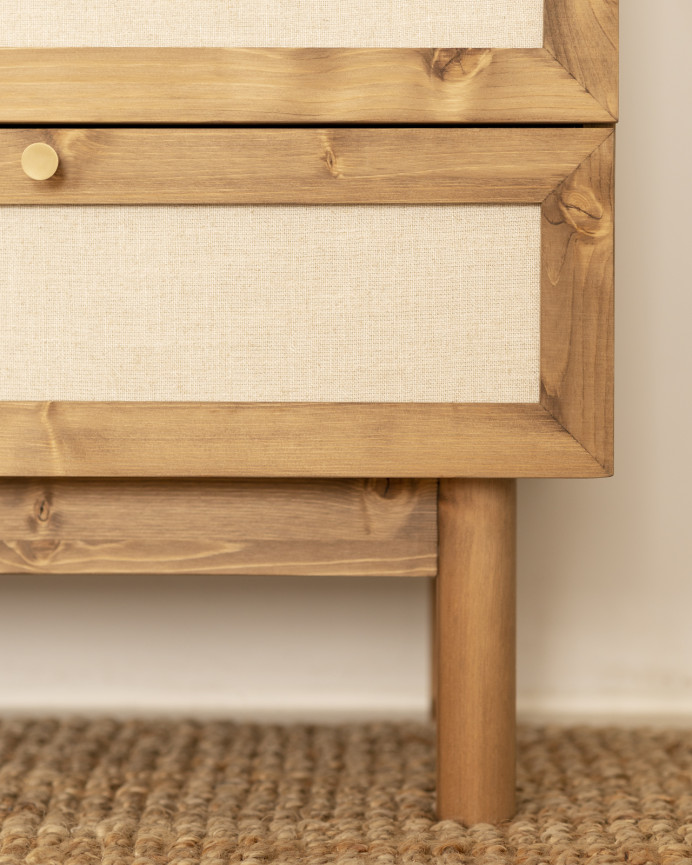 Solid wood and linen dresser with six drawers in a dark oak tone measuring 76x120cm.