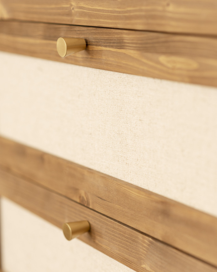 Solid wood and linen dresser with six drawers in a dark oak tone measuring 76x120cm.