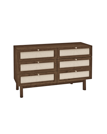 Solid wood and linen chest of drawers with six walnut-tone drawers measuring 76x120cm.