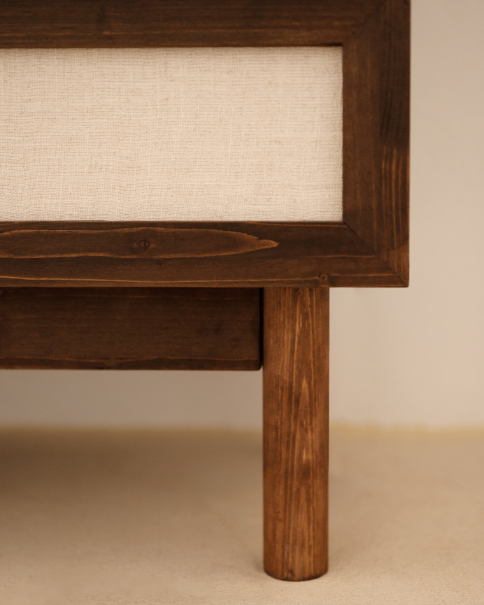 Solid wood and linen chest of drawers with six walnut-tone drawers measuring 76x120cm.
