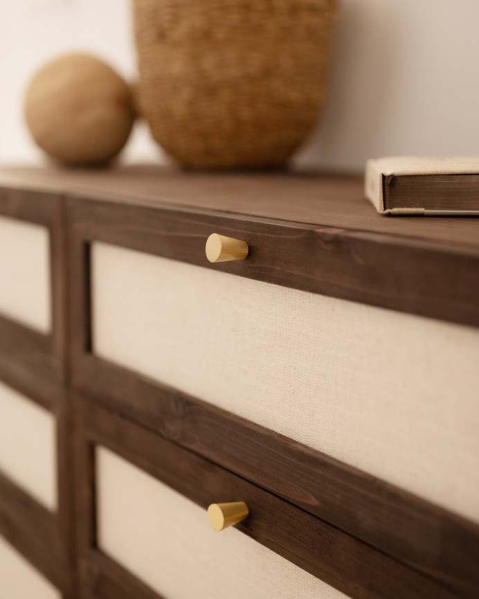 Solid wood and linen chest of drawers with six walnut-tone drawers measuring 76x120cm.
