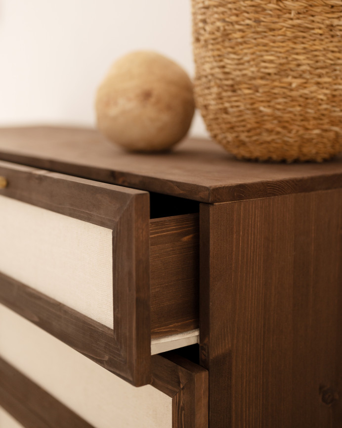 Solid wood and linen chest of drawers with six walnut-tone drawers measuring 76x120cm.
