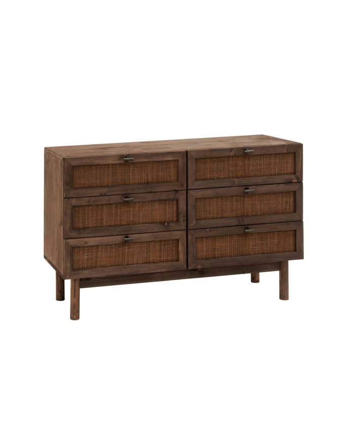 Solid wood and raffia dresser with six walnut tone drawers, measuring 76x120cm.