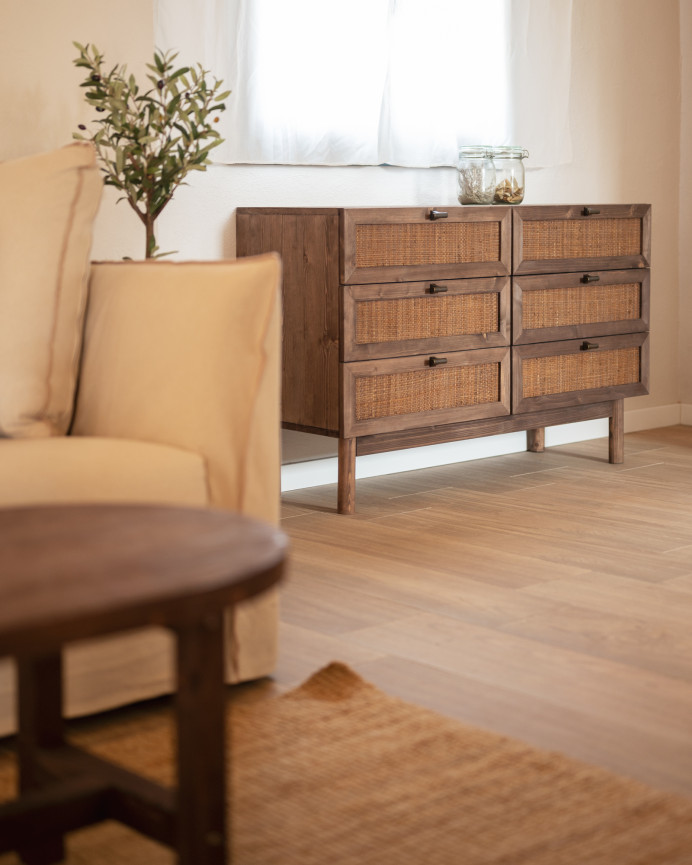 Solid wood and raffia dresser with six walnut tone drawers, measuring 76x120cm.