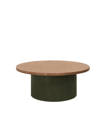 Solid wood round center table in dark oak tone with green microcement leg, measuring 80x33cm.