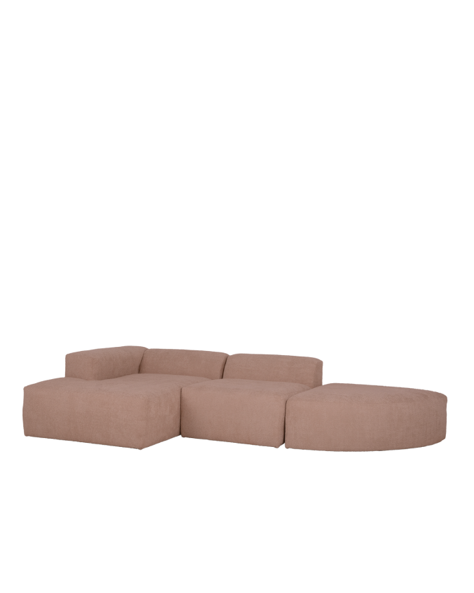 Curved 3-module sofa with pink boucle chaise longue 320x172cm.