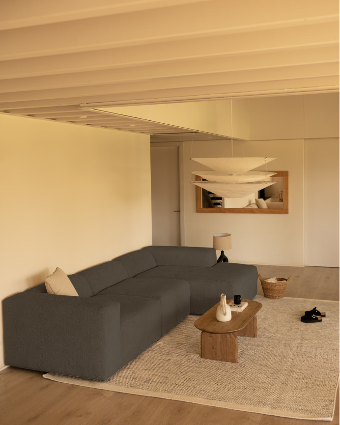 3-module sofa with dark grey bouclé chaise longue 330x172cm.