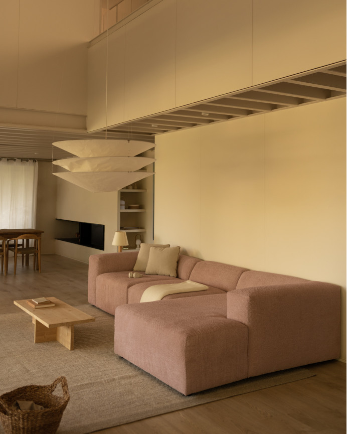 3-seater sofa with pink bouclé chaise longue, 330x172cm.