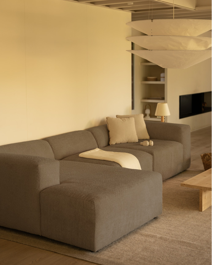 3-module sofa with brown bouclé chaise longue 330x172cm