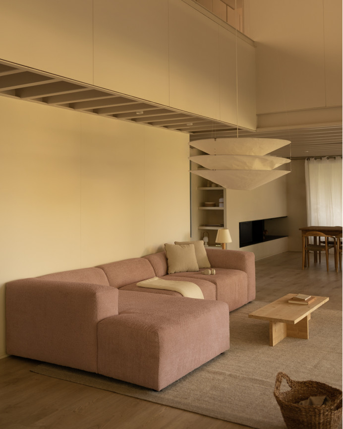 3-module sofa with pink bouclé chaise longue 330x172cm