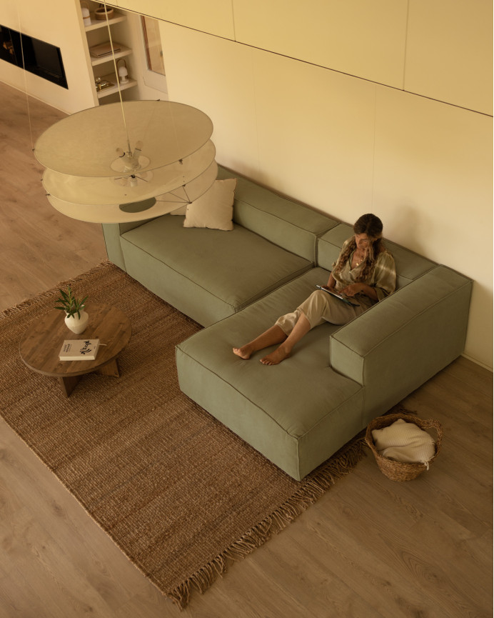 Sofa with lime-colored velvet chaise longue in various sizes.