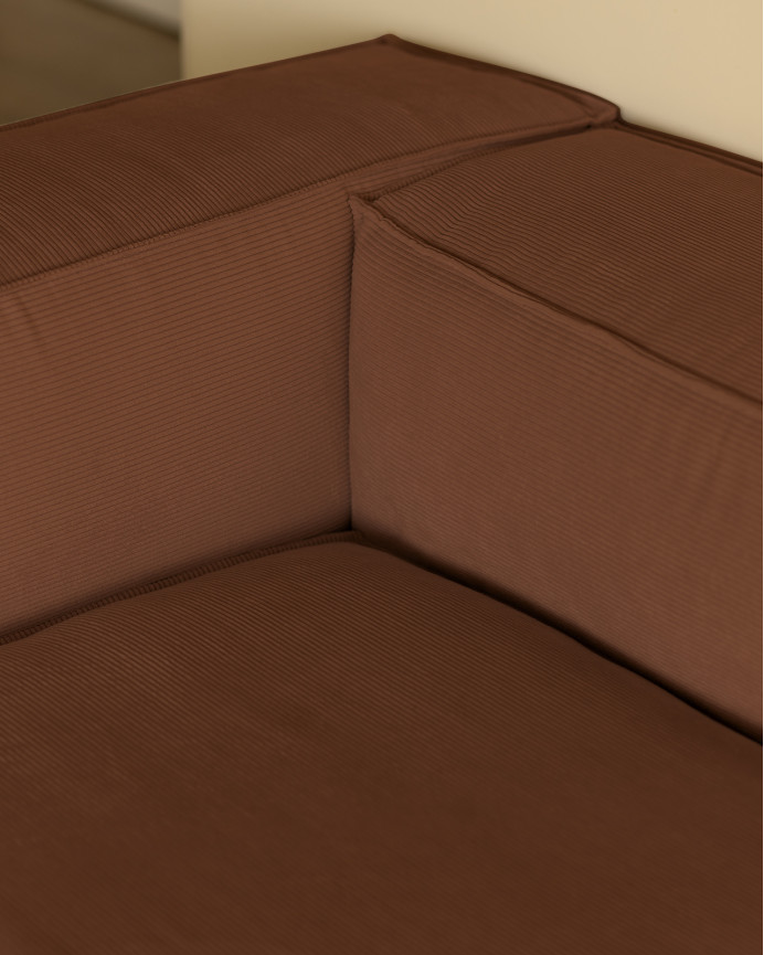 Sofa with coral-colored corduroy chaise longue, various sizes.