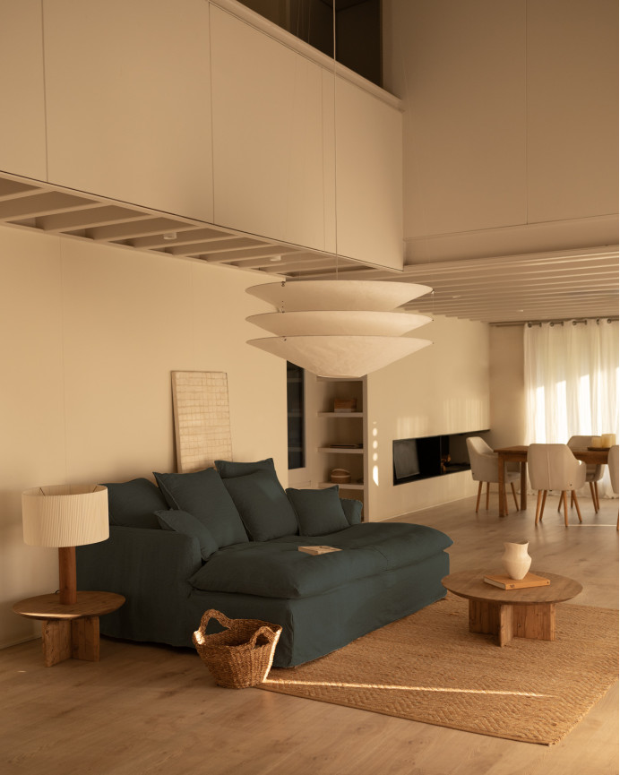 Long cotton and linen sofa with removable blue cover, available in various sizes.