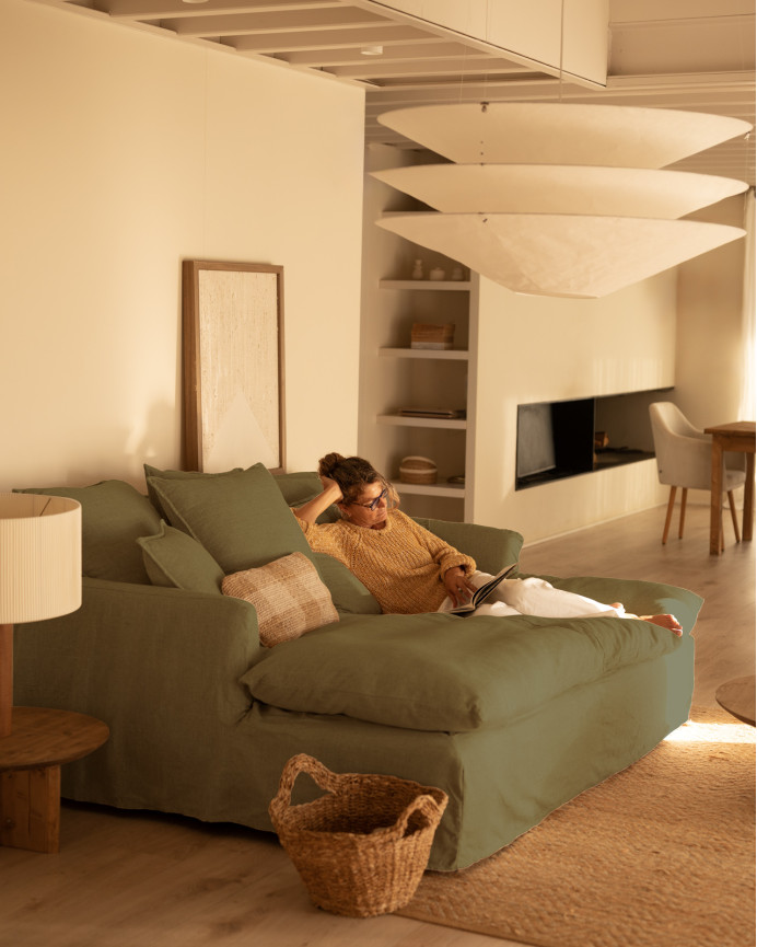 Long cotton and linen deep-seated sofa, removable cover in green color, available in various sizes.