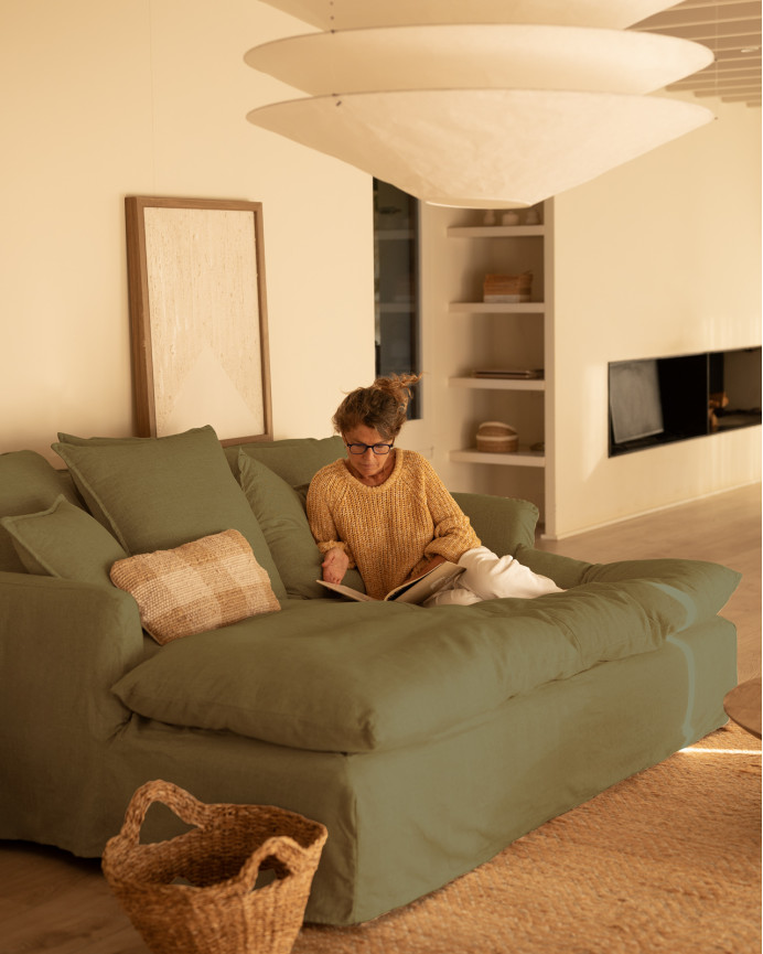 Long cotton and linen deep-seated sofa, removable cover in green color, available in various sizes.