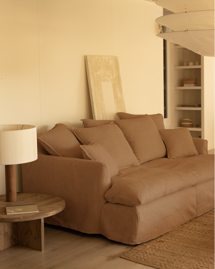 Sofa in cotton and linen with removable terracotta colored medium depth, available in various sizes.