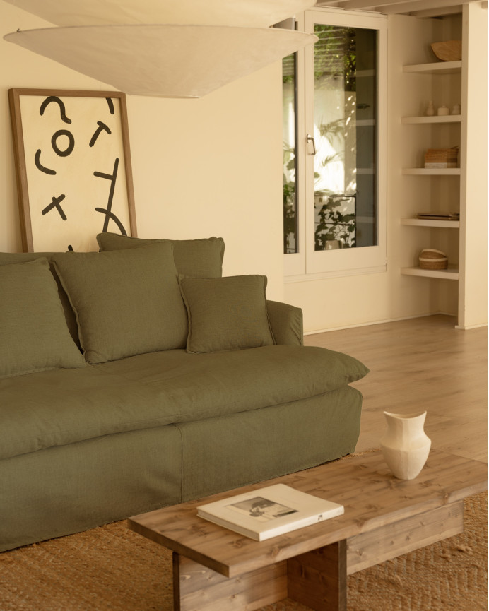 Sofa mid-depth in cotton and linen, removable cover, green color, various sizes.