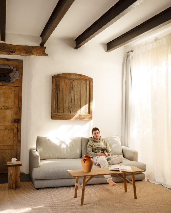 Straight light gray sofa, 216cm long.