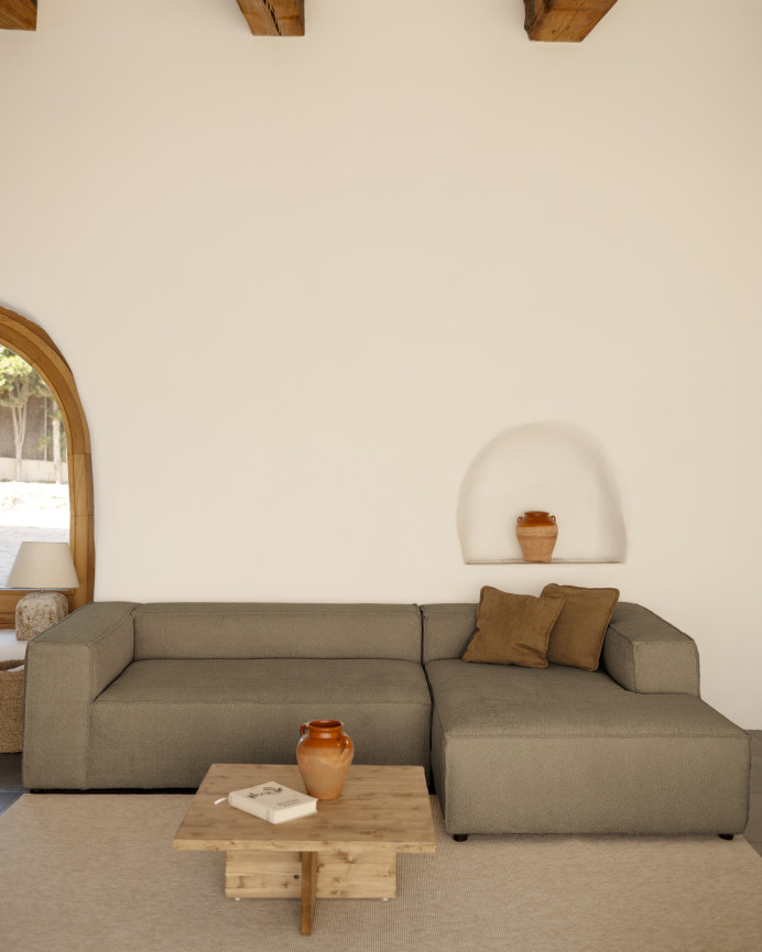 Bouclé sofa with brown chaise longue in various sizes.