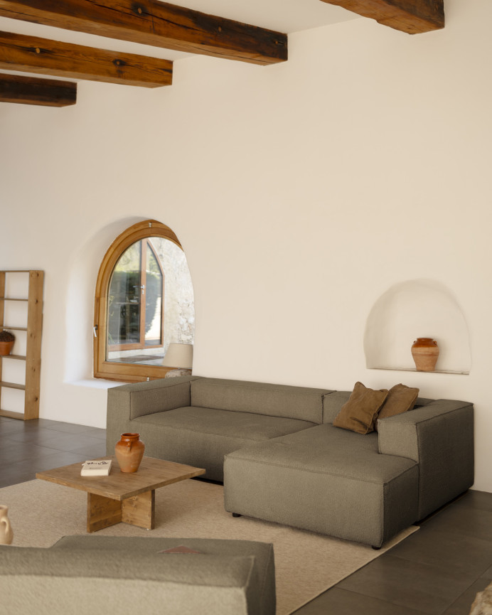 Bouclé sofa with brown chaise longue in various sizes.