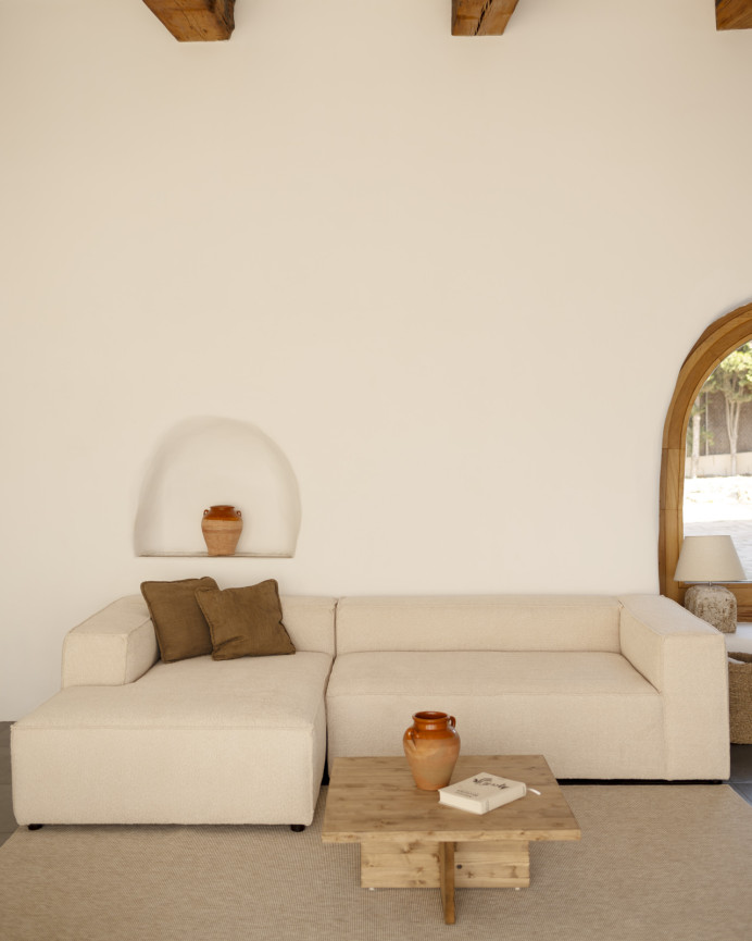 Bouclé sofa with beige chaise lounge in various sizes.