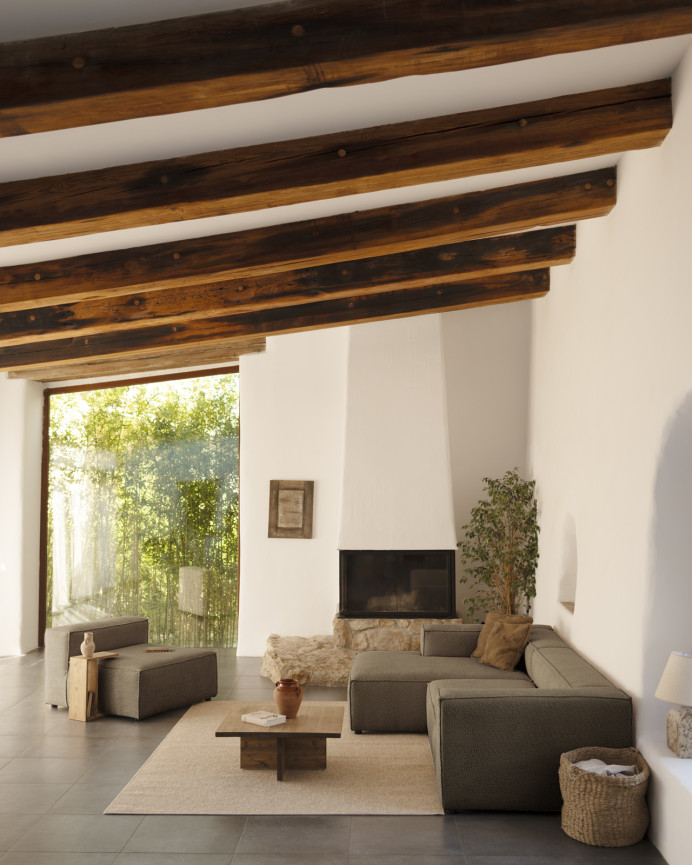 Bouclé sofa with brown chaise lounge in various sizes