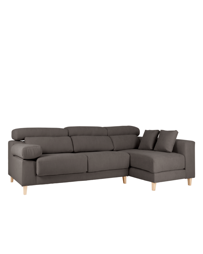 Dark grey sofa with chaise longue available in various sizes.