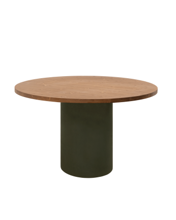 Round solid wood dining table in a dark oak tone with microcement legs in a green tone, available in various sizes.