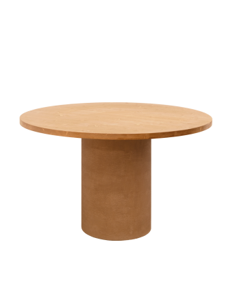 Round solid wood dining table in medium oak tone and terracotta microcement legs in various sizes.