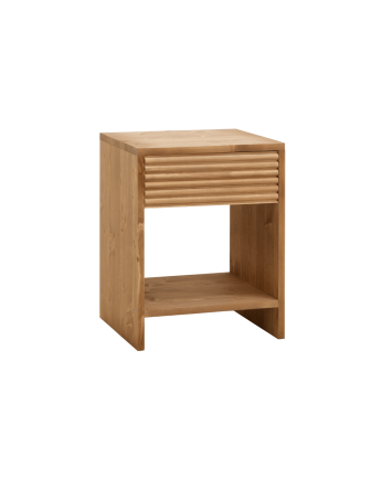 Solid wood bedside table with a drawer in a medium oak tone of various sizes.