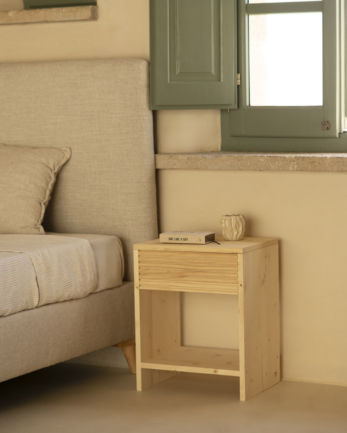 Solid wood bedside table with a natural-tone drawer in various sizes
