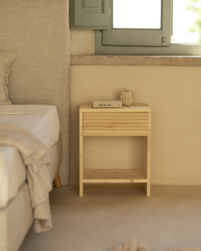 Solid wood bedside table with a natural-tone drawer in various sizes