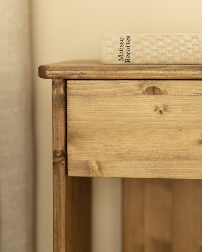 Solid dark oak wood bedside table measuring 50x42cm.