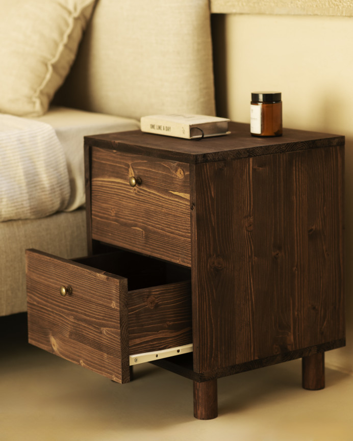 Solid wood bedside table with two walnut-toned drawers, measuring 51x38cm.