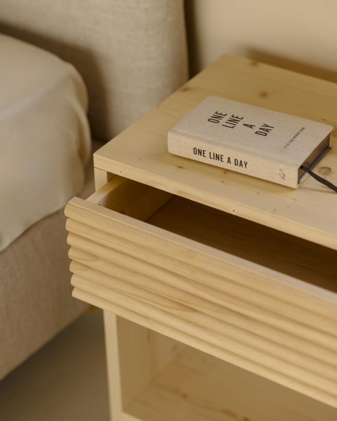 Solid wood bedside table with a natural-tone drawer in various sizes